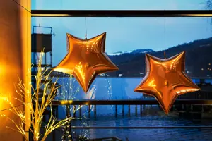 © Anja Koehler goldene Luftballon-Sterne vor der Fensterfront des Seefoyers mit Blick auf den Bodensee © Anja Koehler